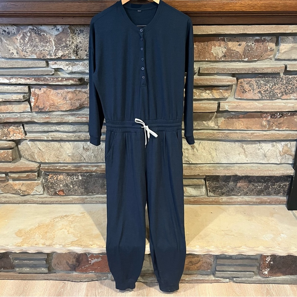 Vuori Navy Long-Sleeve Henley Jumpsuit with Drawstring Waist